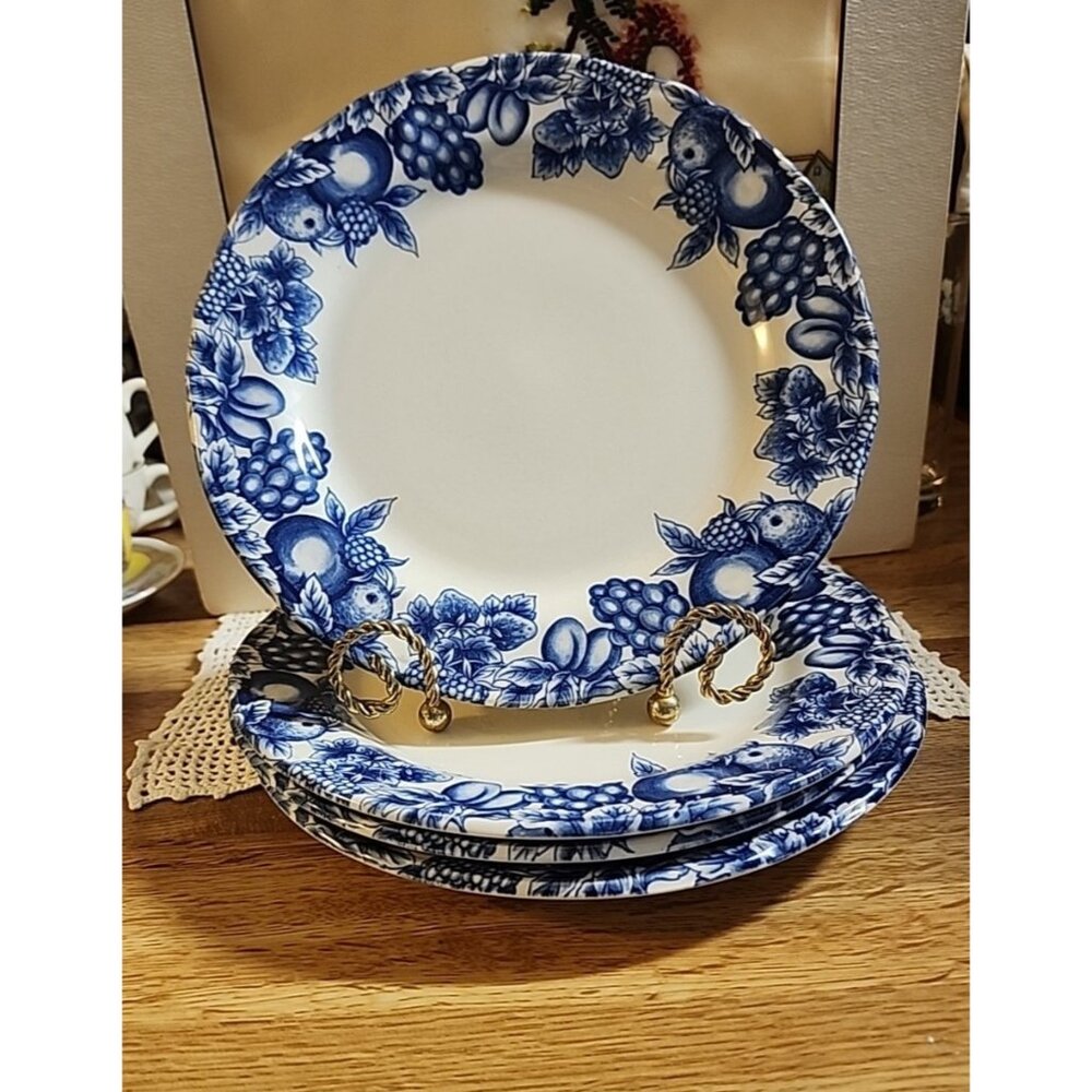 Libbey Tableware Eden Fruit & Berries Blue 9.25" Dinner Plates Rare Print